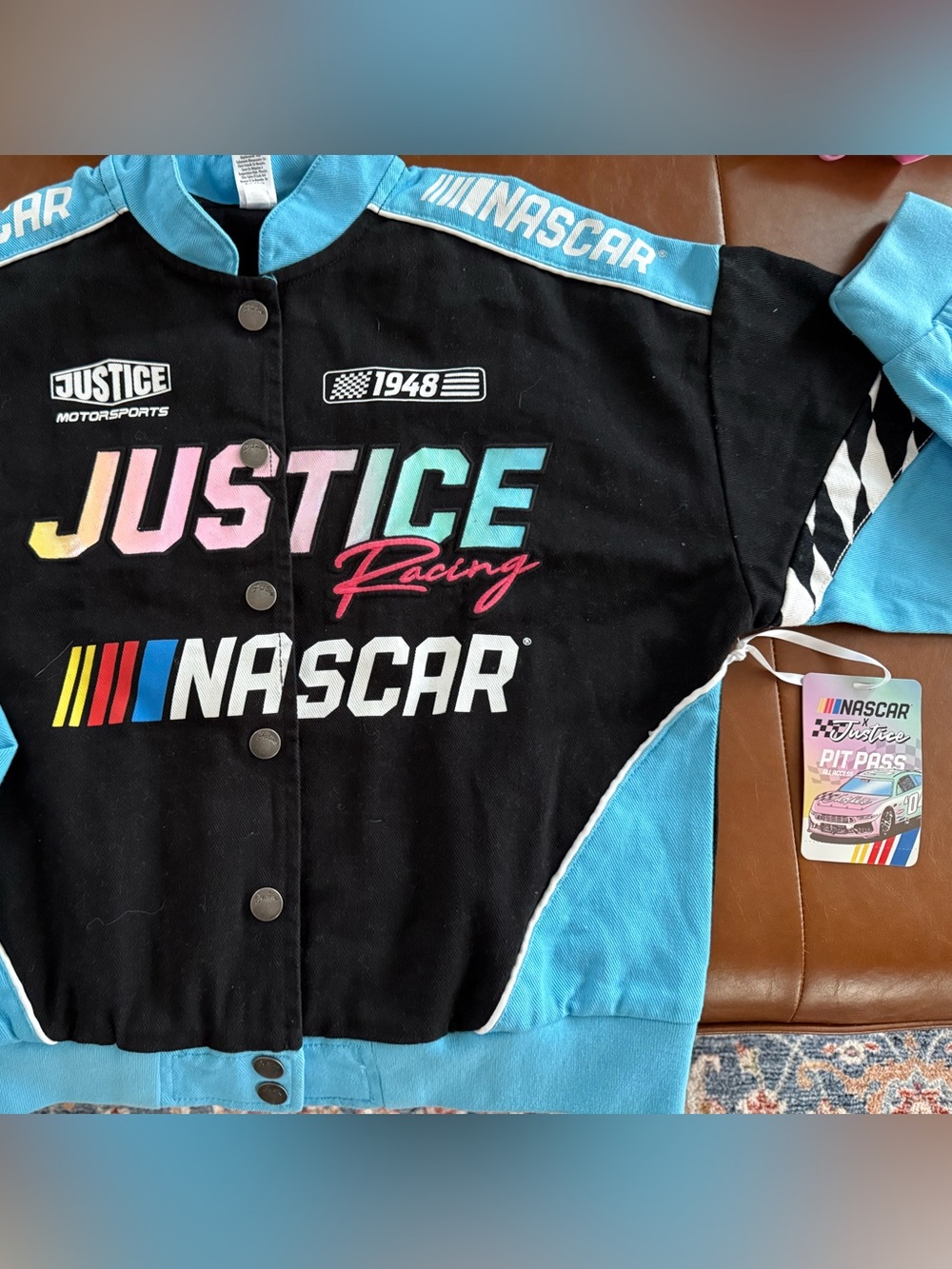 Justice x Nascar NWT Girls Racing Jacket in Black with Light Blue Accents 12/14